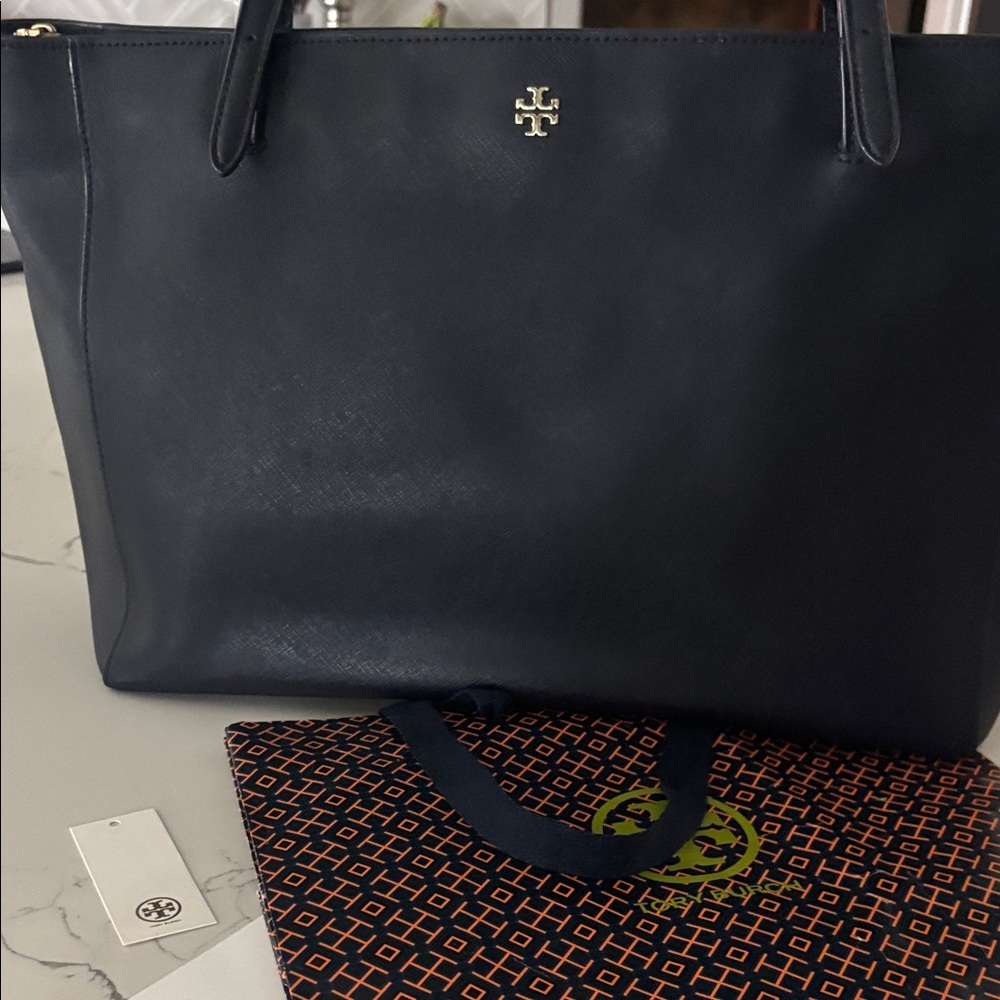 Tory Burch NAVY  Leather Tote with Gold Logo - Picture 7 of 16